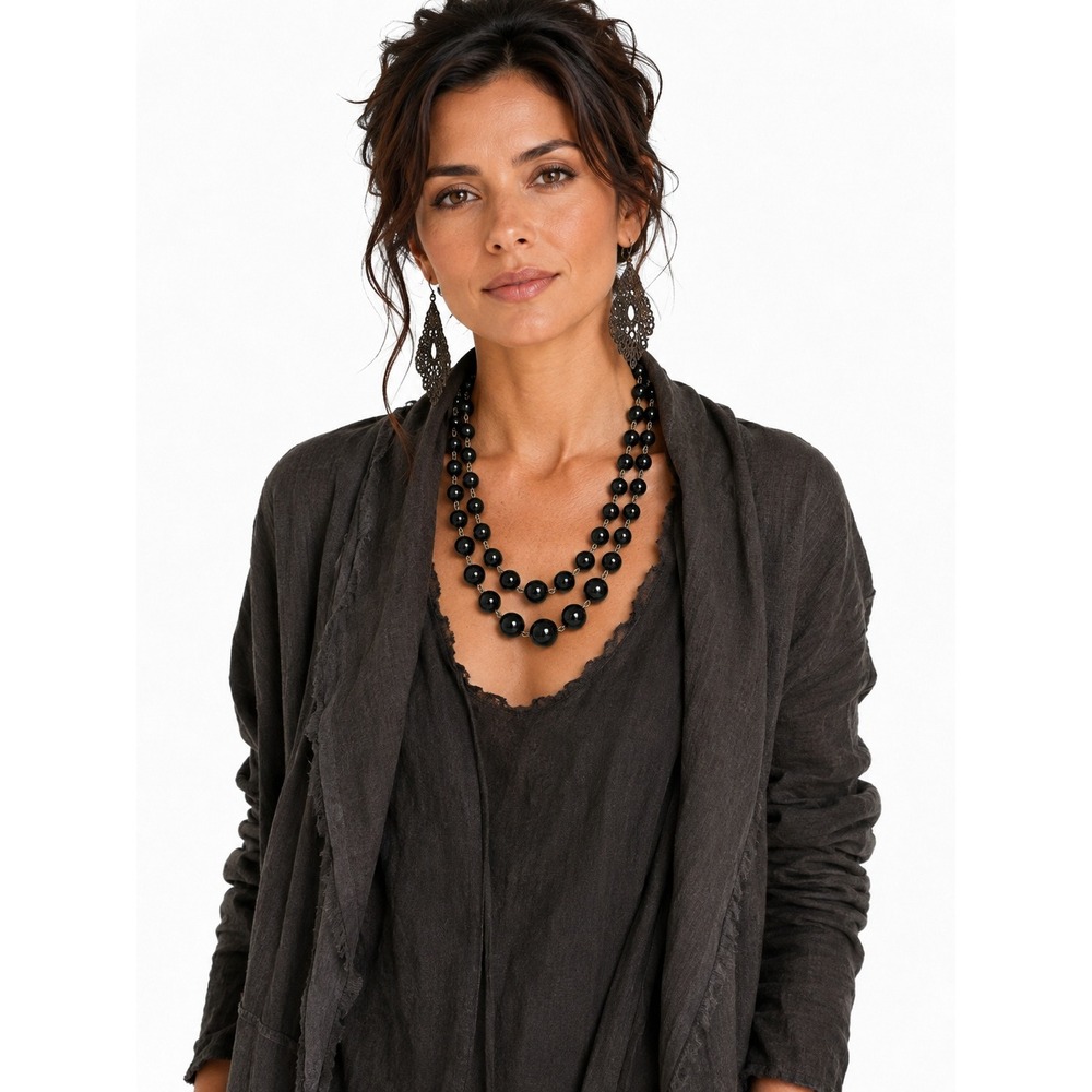 Black Double Strand Beaded Necklace Two Tier Round Polished Statement Jewelry